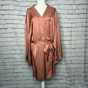 Anthropologie BHLDN Matine Satin Robe XL Sedona Rose Pink Lace Trim Kimono Bride